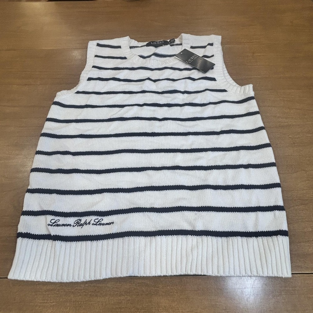 Lauren Ralph Lauren Sweater Vest Womens Small White Navy Stripe Knit Nautical